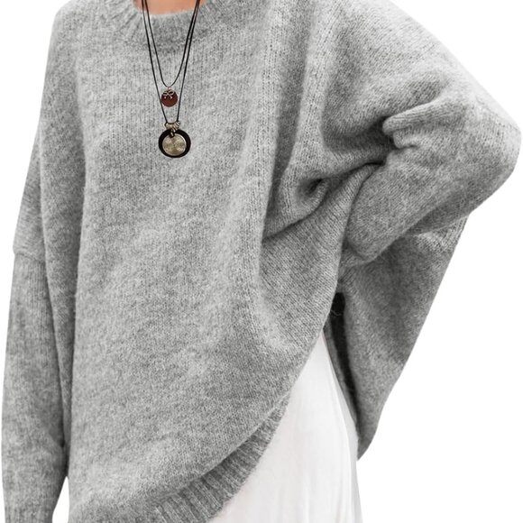 Womens Oversized Tunic Sweaters Long Sleeve Crew Neck Chunky Knit Slouchy Casual - Picture 1 of 6